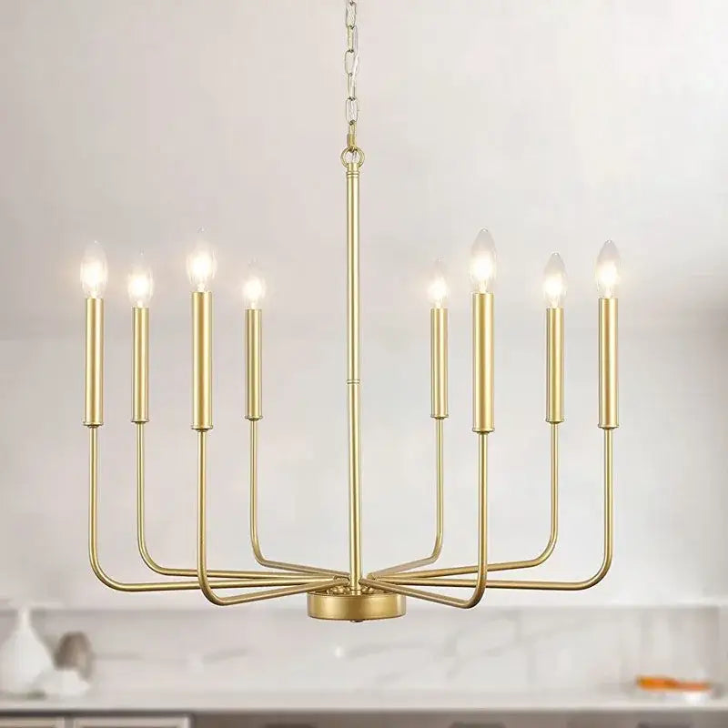 Gold-toned brass decorbites iron chandelier with eight candle-style bulbs for modern rural dining room lighting