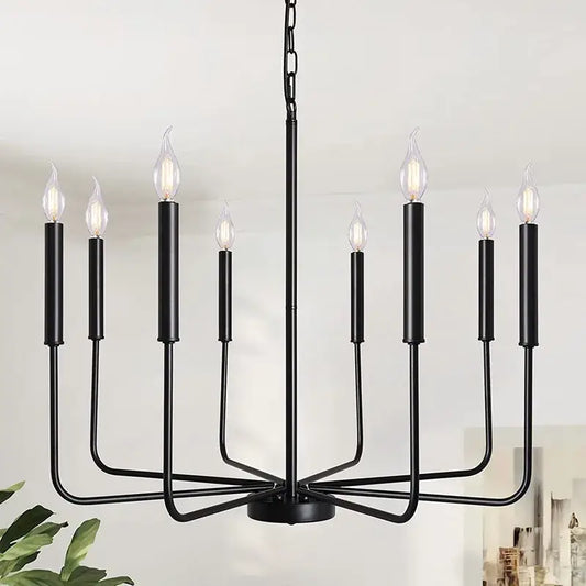 Black metal decorbites iron chandelier with eight candle-style bulbs for rural dining room lighting