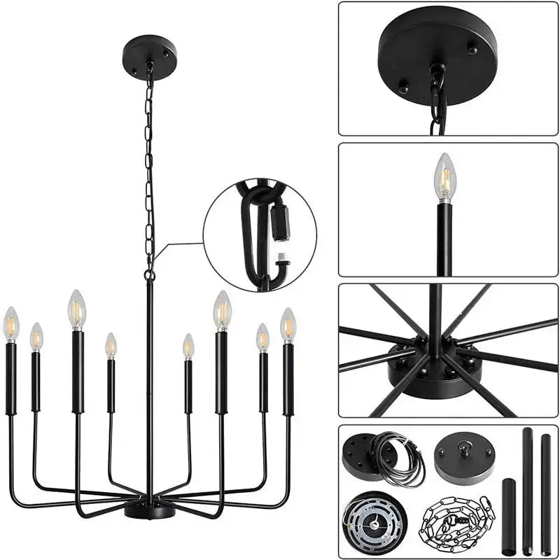 Black wrought iron chandelier with eight candle-style bulbs for dining room decorbites iron chandelier design