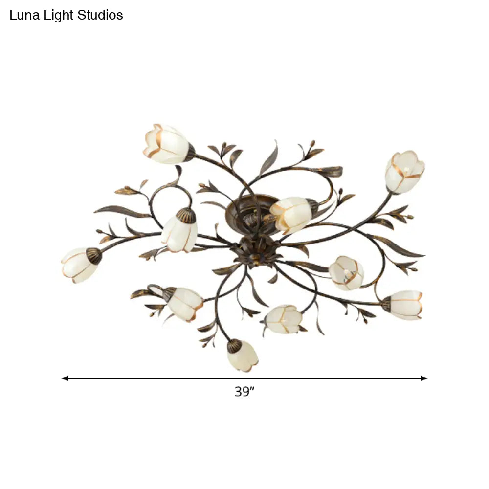 DecorBites™ DecorBites™ Rural Cream Glass 4/8/12-Light Bedroom Chandelier - Antique Brass Ceiling Mounted