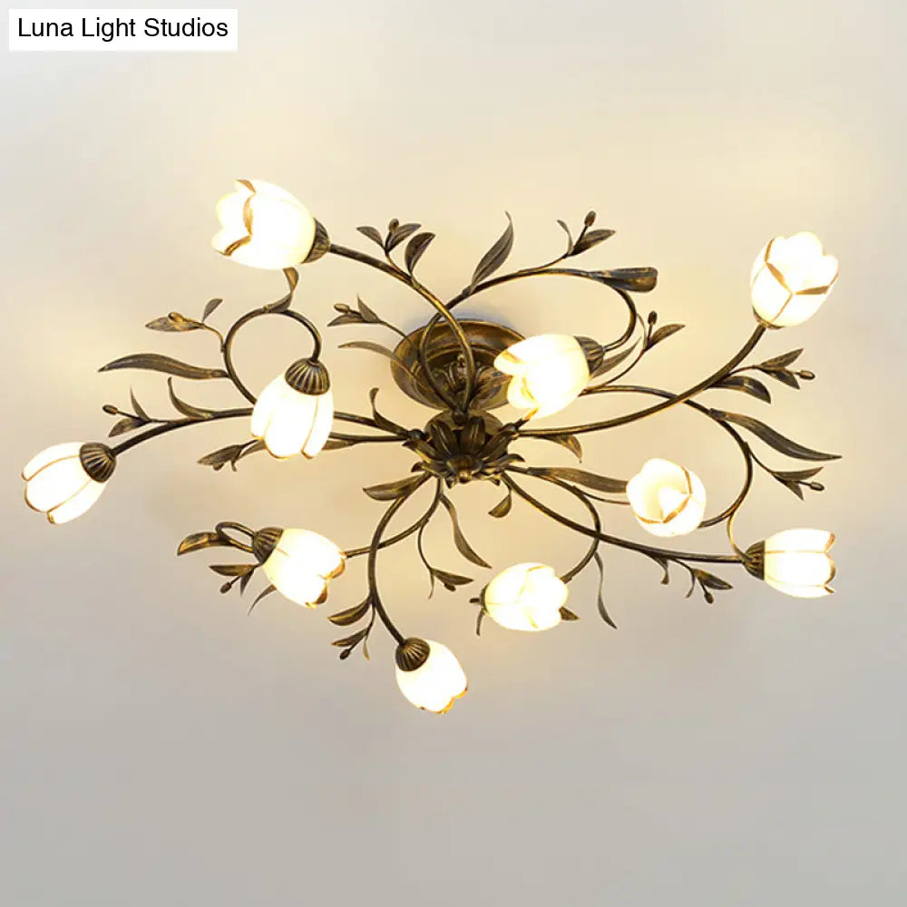DecorBites™ DecorBites™ Rural Cream Glass 4/8/12-Light Bedroom Chandelier - Antique Brass Ceiling Mounted