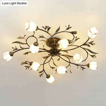 DecorBites™ DecorBites™ Rural Cream Glass 4/8/12-Light Bedroom Chandelier - Antique Brass Ceiling Mounted