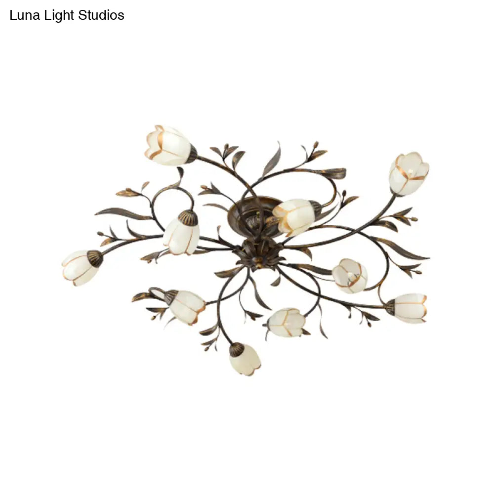 DecorBites™ DecorBites™ Rural Cream Glass 4/8/12-Light Bedroom Chandelier - Antique Brass Ceiling Mounted