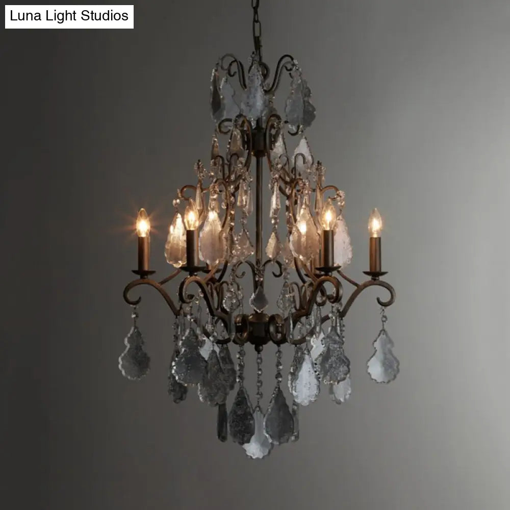Lámpara colgante de techo rústica de metal oxidado con brazo en espiral, candelabro de 6 luces con detalle de cristal K9 colgante.