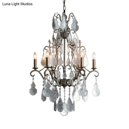 Lámpara colgante de techo rústica de metal oxidado con brazo en espiral, candelabro de 6 luces con detalle de cristal K9 colgante.