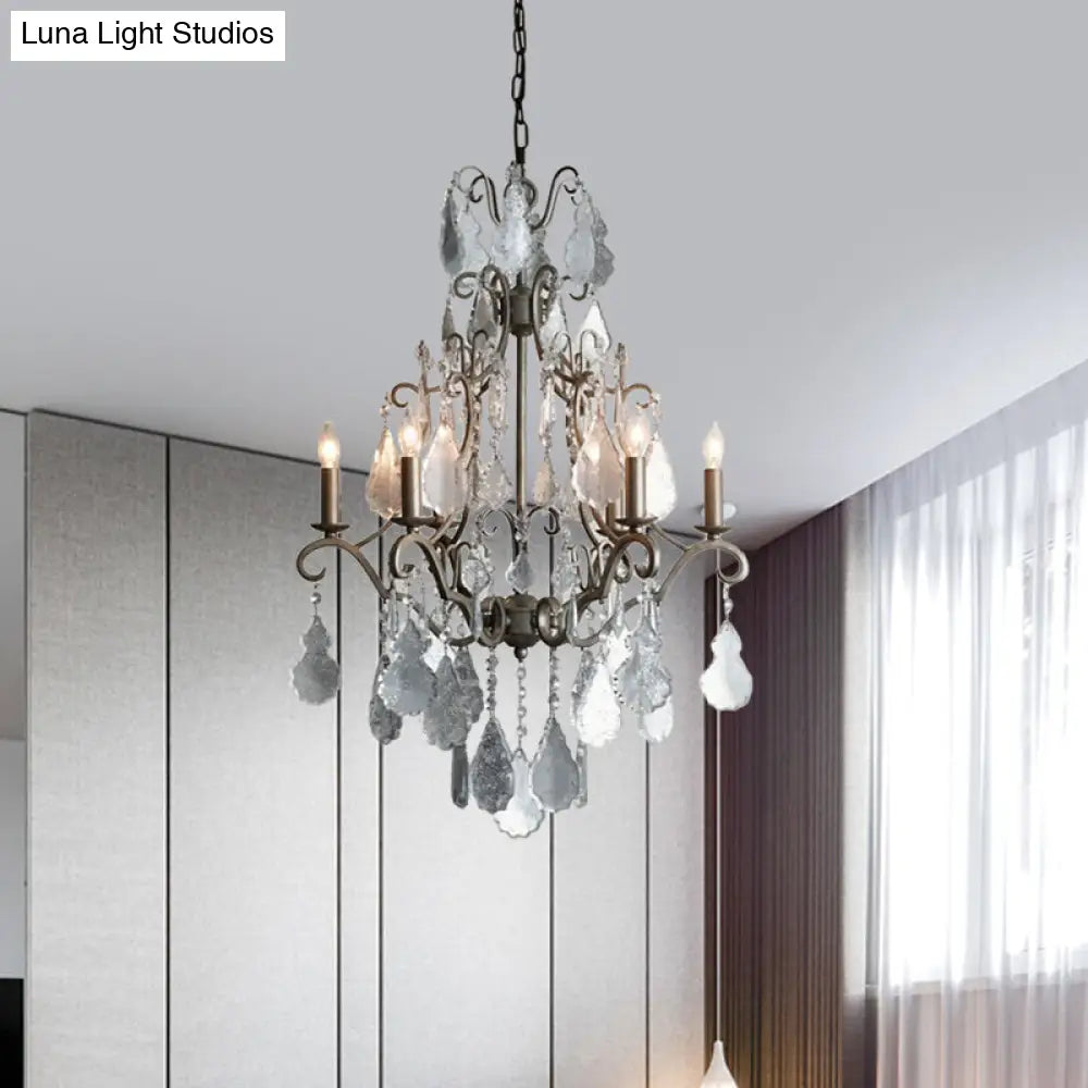 Lámpara colgante de techo rústica de metal oxidado con brazo en espiral, candelabro de 6 luces con detalle de cristal K9 colgante.