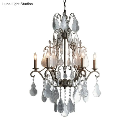 Lámpara colgante de techo rústica de metal oxidado con brazo en espiral, candelabro de 6 luces con detalle de cristal K9 colgante.