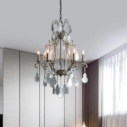 Lámpara colgante de techo rústica de metal oxidado con brazo en espiral, candelabro de 6 luces con detalle de cristal K9 colgante.