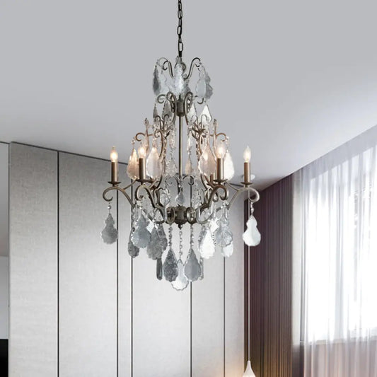 Lámpara colgante de techo rústica de metal oxidado con brazo en espiral, candelabro de 6 luces con detalle de cristal K9 colgante.