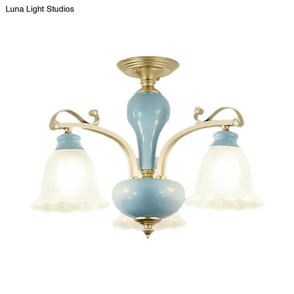 DecorBites™ DecorBites™ Rural Style Blue Chandelier with Cream Glass Blossom Shaped Pendant Light - 3/6/8 Bulbs