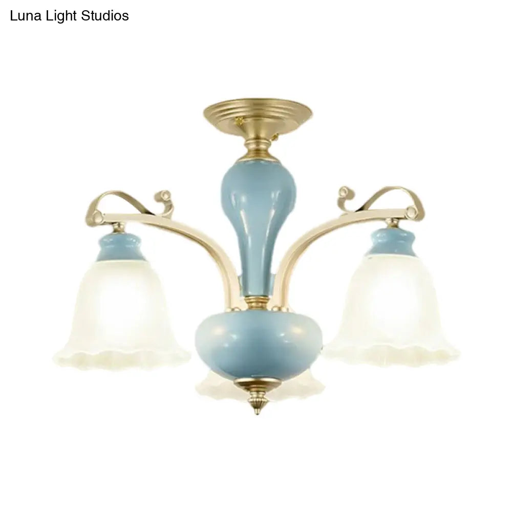 Rural Style Blue Chandelier with Cream Glass Blossom Shaped Pendant Light - 3/6/8 Bulbs