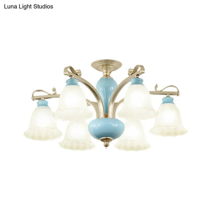 DecorBites™ DecorBites™ Rural Style Blue Chandelier with Cream Glass Blossom Shaped Pendant Light - 3/6/8 Bulbs