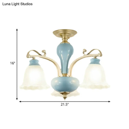 Rural Style Blue Chandelier with Cream Glass Blossom Shaped Pendant Light - 3/6/8 Bulbs