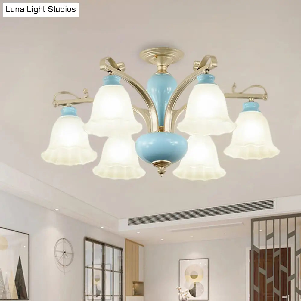 Rural Style Blue Chandelier with Cream Glass Blossom Shaped Pendant Light - 3/6/8 Bulbs