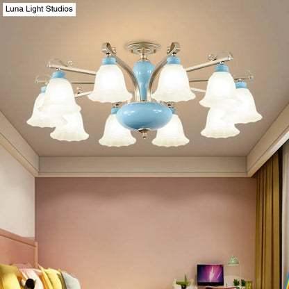 Rural Style Blue Chandelier with Cream Glass Blossom Shaped Pendant Light - 3/6/8 Bulbs