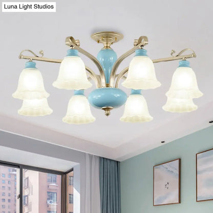 DecorBites™ DecorBites™ Rural Style Blue Chandelier with Cream Glass Blossom Shaped Pendant Light - 3/6/8 Bulbs