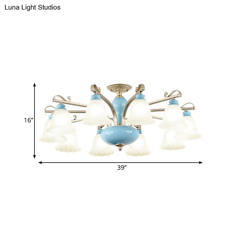 DecorBites™ DecorBites™ Rural Style Blue Chandelier with Cream Glass Blossom Shaped Pendant Light - 3/6/8 Bulbs