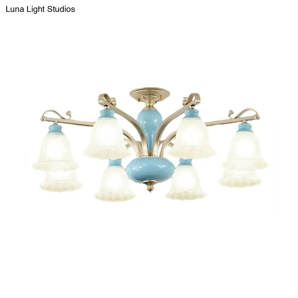 Rural Style Blue Chandelier with Cream Glass Blossom Shaped Pendant Light - 3/6/8 Bulbs