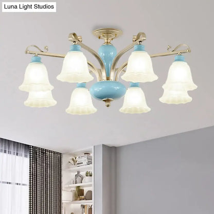 Rural Style Blue Chandelier with Cream Glass Blossom Shaped Pendant Light - 3/6/8 Bulbs