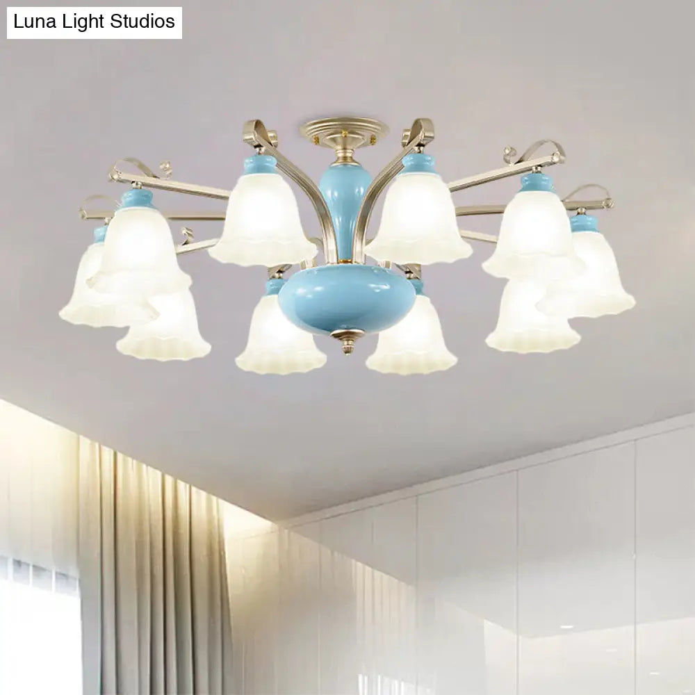 Rural Style Blue Chandelier with Cream Glass Blossom Shaped Pendant Light - 3/6/8 Bulbs