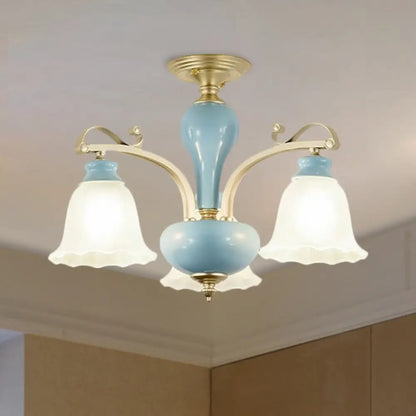 Rural Style Blue Chandelier with Cream Glass Blossom Shaped Pendant Light - 3/6/8 Bulbs