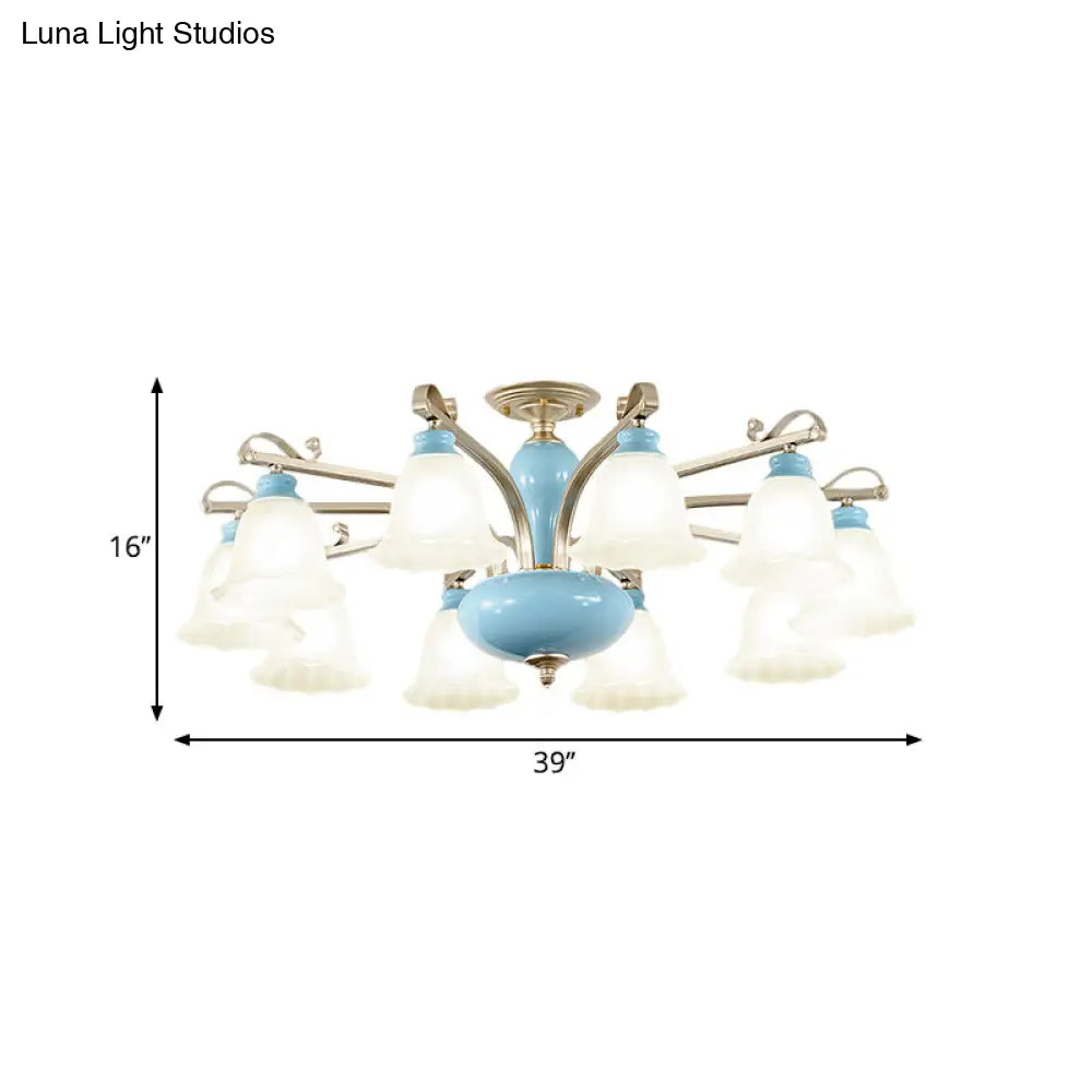 Rural Style Blue Chandelier with Cream Glass Blossom Shaped Pendant Light - 3/6/8 Bulbs