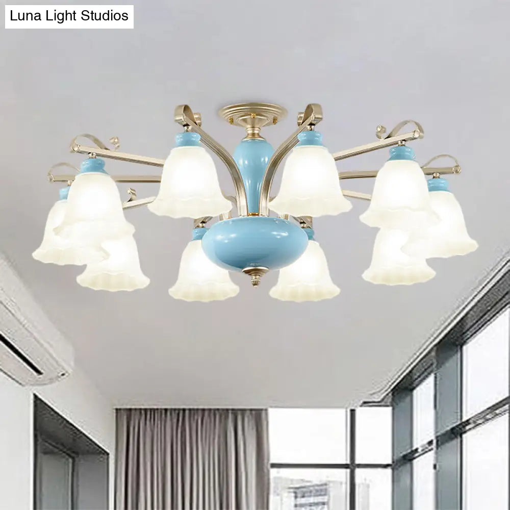 Rural Style Blue Chandelier with Cream Glass Blossom Shaped Pendant Light - 3/6/8 Bulbs