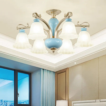 DecorBites™ DecorBites™ Rural Style Blue Chandelier with Cream Glass Blossom Shaped Pendant Light - 3/6/8 Bulbs