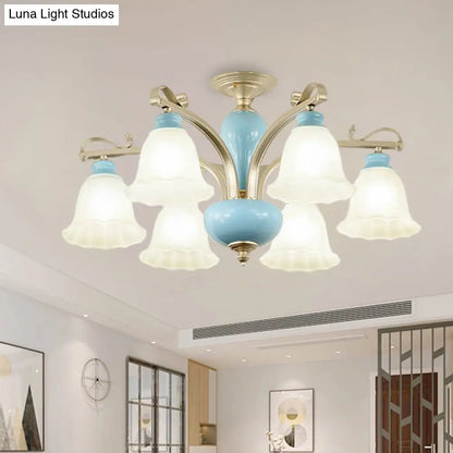 Rural Style Blue Chandelier with Cream Glass Blossom Shaped Pendant Light - 3/6/8 Bulbs