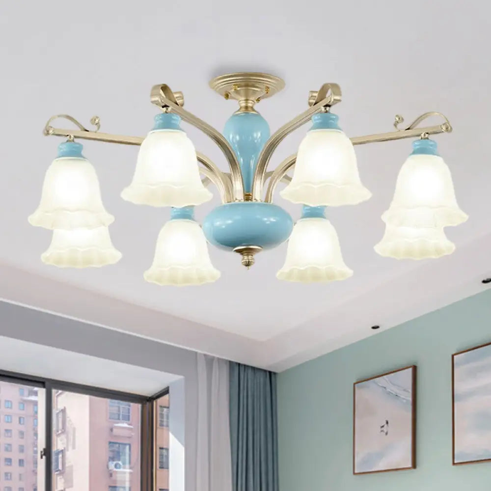 Rural Style Blue Chandelier with Cream Glass Blossom Shaped Pendant Light - 3/6/8 Bulbs