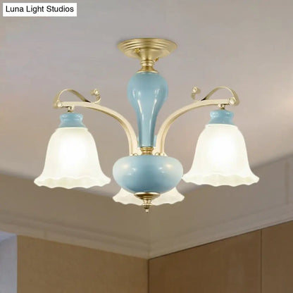 Rural Style Blue Chandelier with Cream Glass Blossom Shaped Pendant Light - 3/6/8 Bulbs