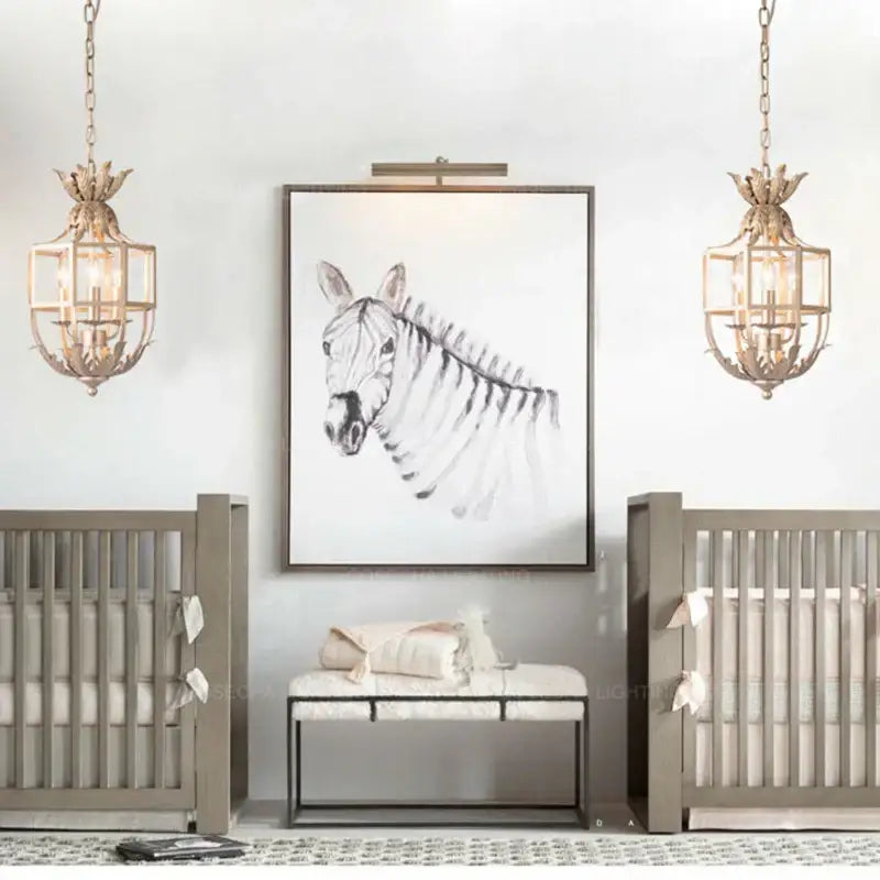 Framed black-and-white zebra portrait artwork with dark wooden frame complemented by decorbites grey gold metal cage chandelier