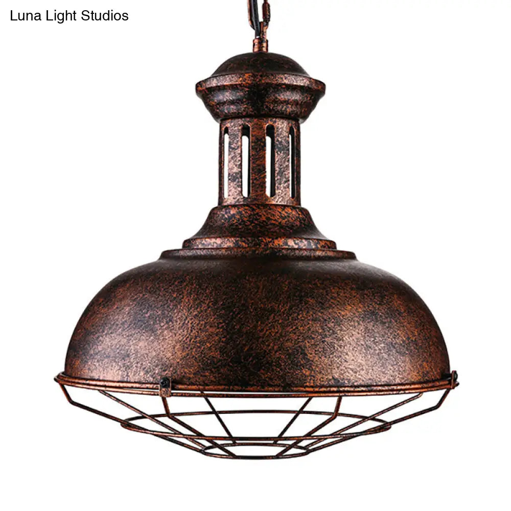 Rust-Finish Iron Hanging Ceiling Light for Warehouse with Wire Frame