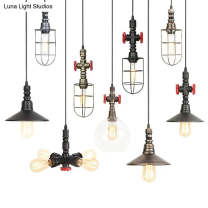 Rust Finish Water Pipe Chandelier - Industrial 4-Light Fixture with Edison Bulbs for Bar, Cafe, Shop