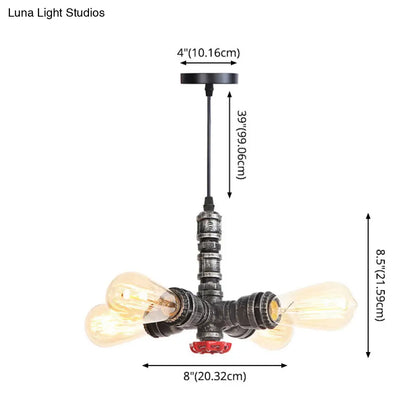 Rust Finish Water Pipe Chandelier - Industrial 4-Light Fixture with Edison Bulbs for Bar, Cafe, Shop