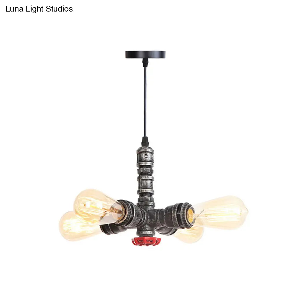 Rust Finish Water Pipe Chandelier - Industrial 4-Light Fixture with Edison Bulbs for Bar, Cafe, Shop