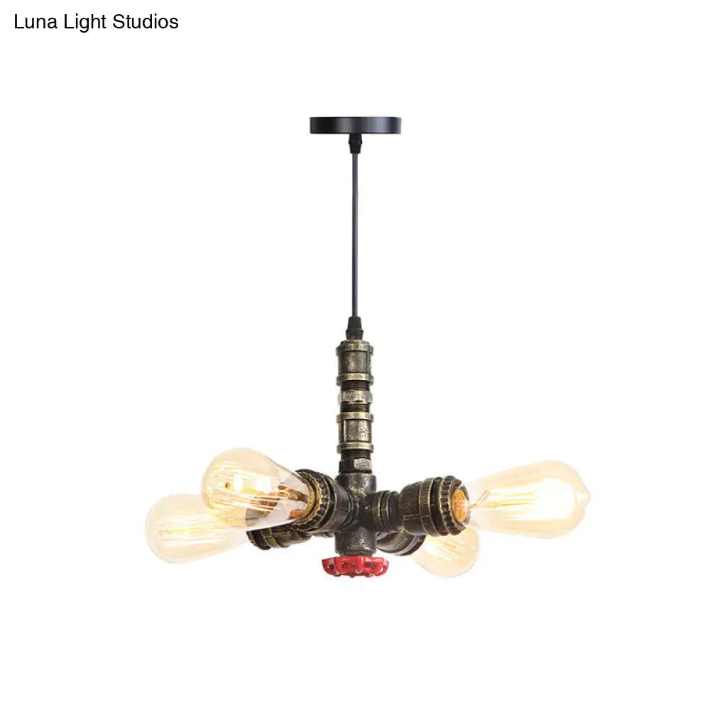 Rust Finish Water Pipe Chandelier - Industrial 4-Light Fixture with Edison Bulbs for Bar, Cafe, Shop