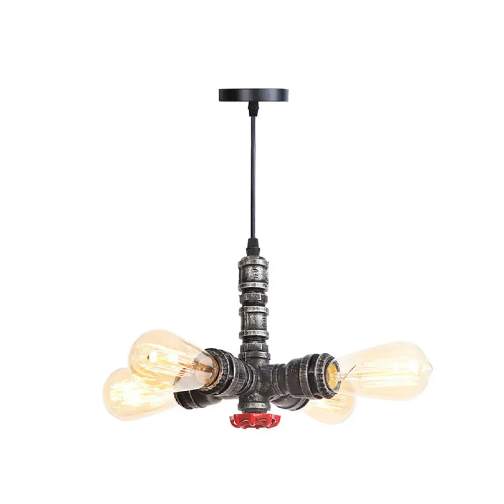 Rust Finish Water Pipe Chandelier - Industrial 4-Light Fixture with Edison Bulbs for Bar, Cafe, Shop