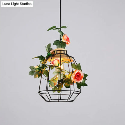 Rustic 1-Bulb Farmhouse Wire Cage Pendant Light with Wood Socket