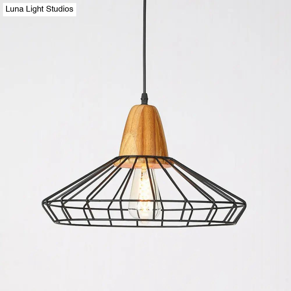 Rustic 1-Bulb Farmhouse Wire Cage Pendant Light with Wood Socket