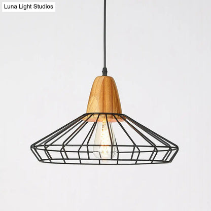 Rustic 1-Bulb Farmhouse Wire Cage Pendant Light with Wood Socket