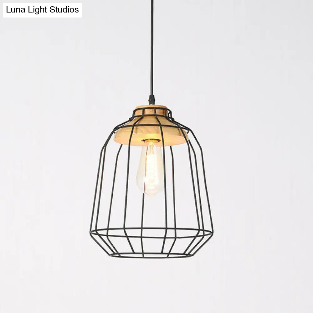 Rustic 1-Bulb Farmhouse Wire Cage Pendant Light with Wood Socket