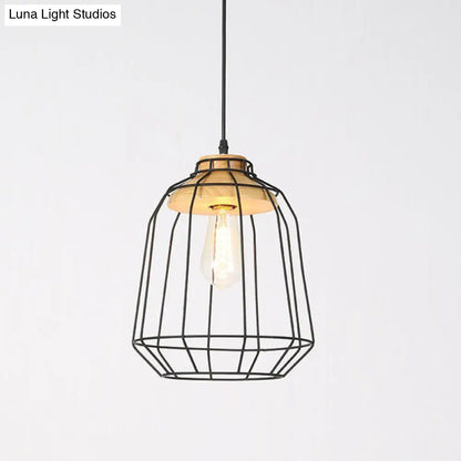 Rustic 1-Bulb Farmhouse Wire Cage Pendant Light with Wood Socket