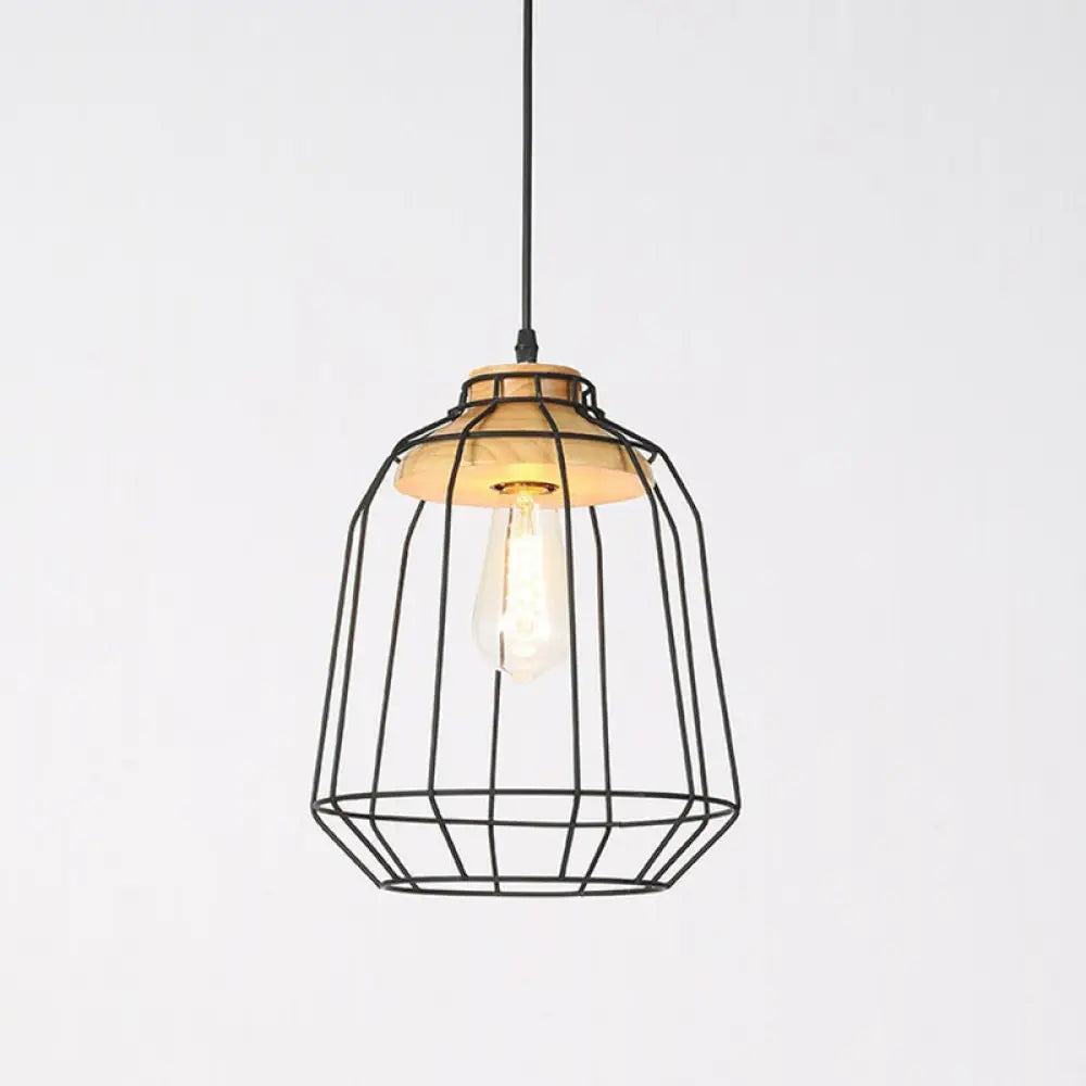 Rustic 1-Bulb Farmhouse Wire Cage Pendant Light with Wood Socket