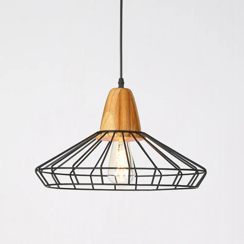 Rustic 1-Bulb Farmhouse Wire Cage Pendant Light with Wood Socket