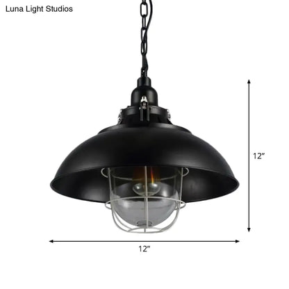 Rustic 1-Light Bistro Hanging Lamp - 12"/16" Metal Pendant Lighting with Wire Cage and Clear Glass Shade (Black)