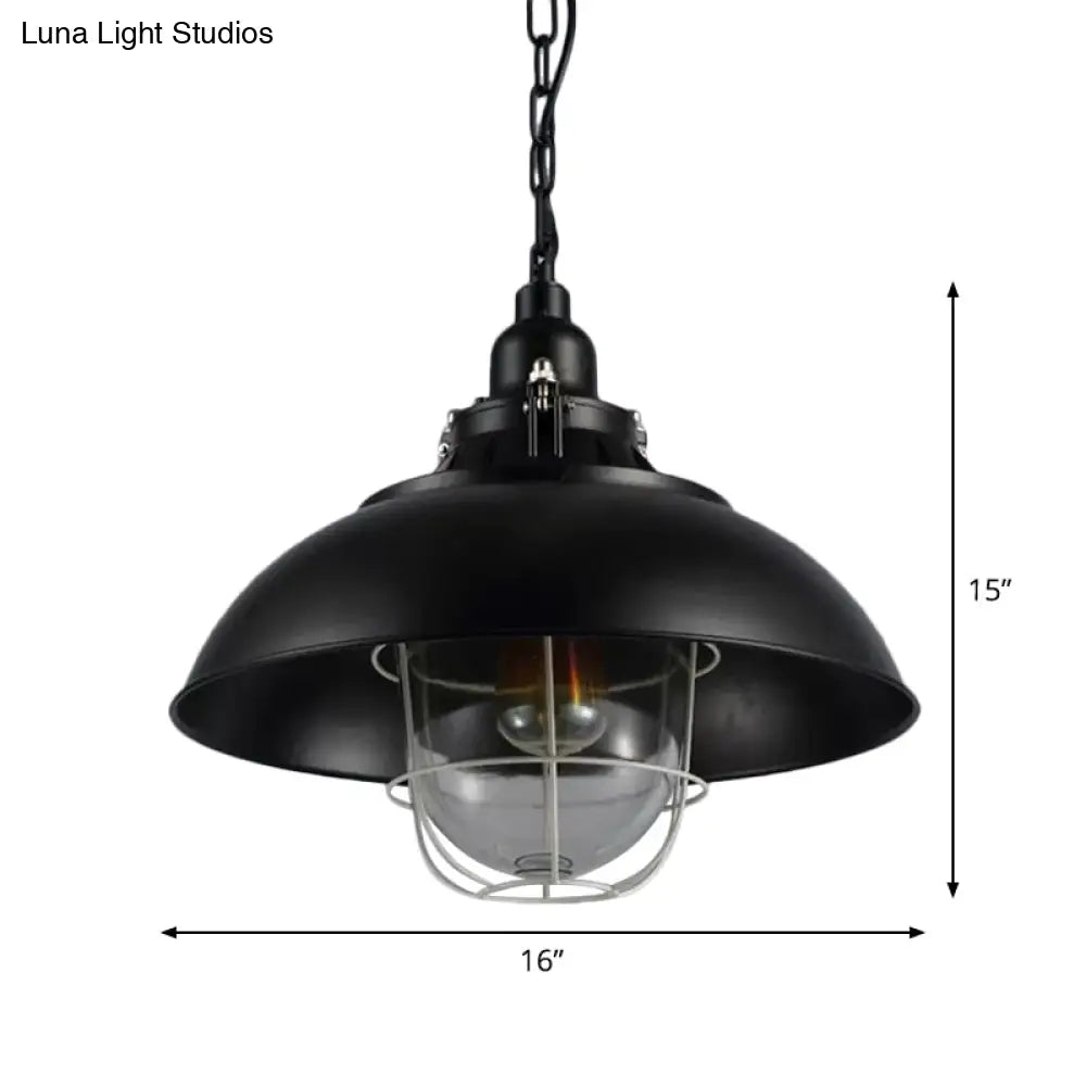 Rustic 1-Light Bistro Hanging Lamp - 12"/16" Metal Pendant Lighting with Wire Cage and Clear Glass Shade (Black)