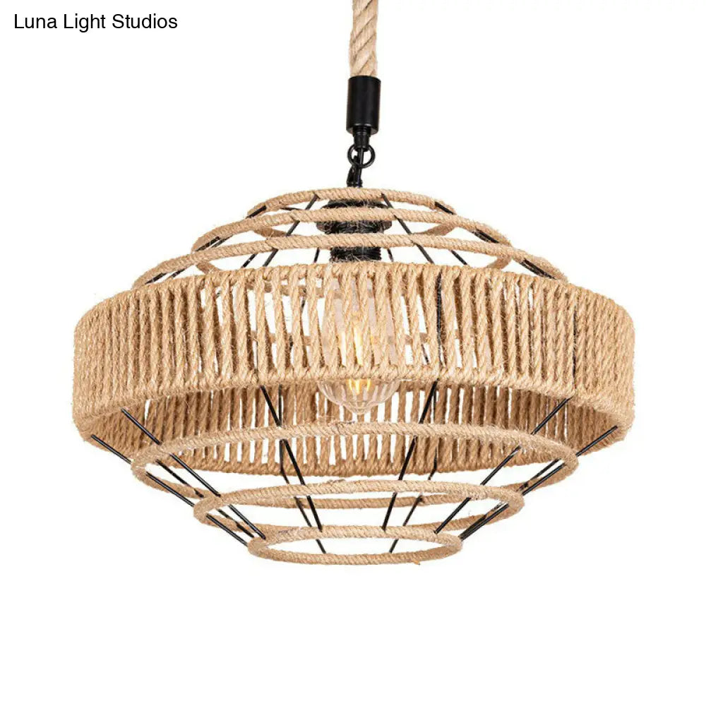 Rustic 1-Light Farmhouse Drop Pendant: Natural Rope Hanging Light Fixture (Brown)