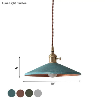 Rustic 1-Light Hanging Pendant Lamp in Blue/Red/Silver for Dining Room - Saucer Shade Iron Design with Stranded Wire Cord