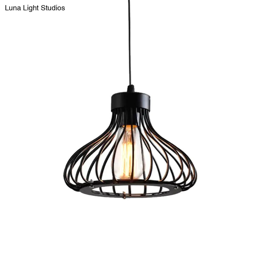 Rustic 1-Light Iron Ceiling Pendant Lamp in Black - Cone/Oval/Globe Suspended Lighting for Dining Room